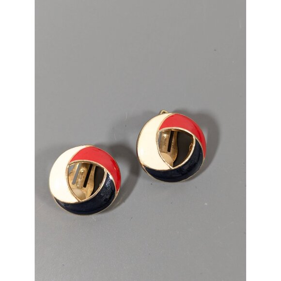 Vintage Red White Blue Enamel Knot Round Clip On Earrings Gold Tone Nautical - Picture 2 of 6